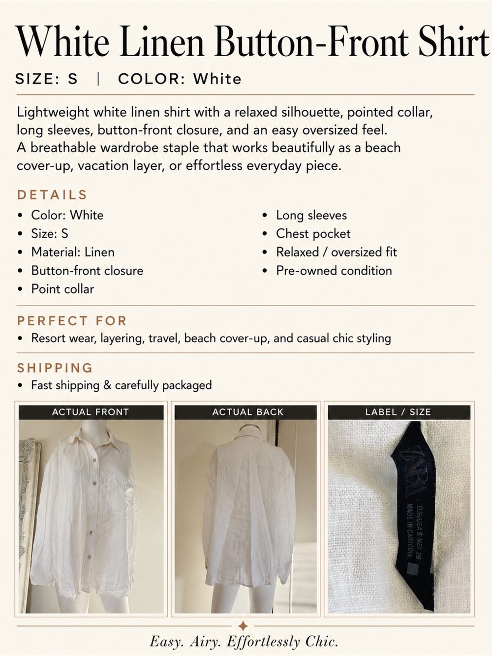 Zara White Linen Button Front Shirt Size S - Picture 4 of 7